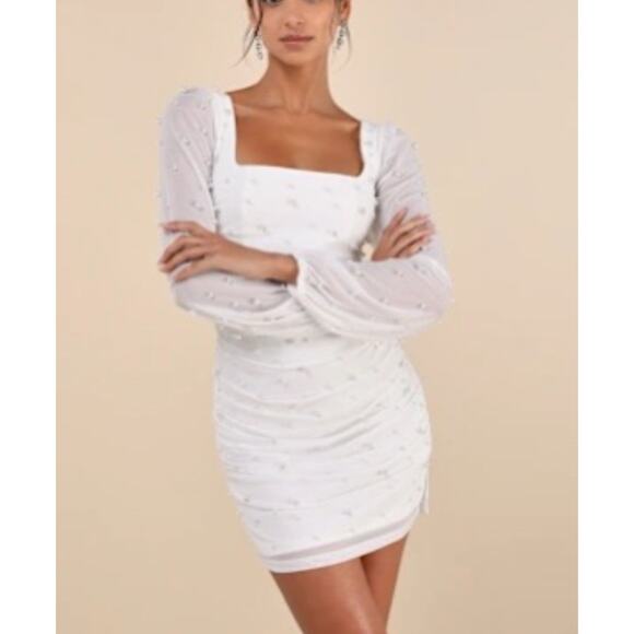 Lulus Admirably Divine White Pearl Sheet Long Sleeve Mini Dress XL - Picture 1 of 6